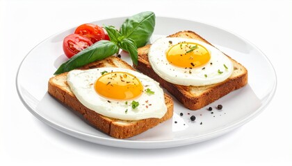Sunny-Side-Up Eggs on Toast with Tomato and Basil Garnish