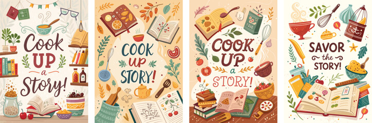 Four delightful cookbooks featuring inspiring culinary quotes and food imagery