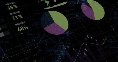 Animation of graphs, data and world map on black digital screen - Powered by Adobe