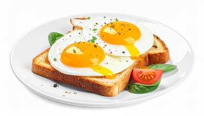 Sunny-Side-Up Eggs on Toast with Tomato and Basil Garnish