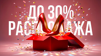 Red High Heels Emerging from Gift Box with Confetti and Sale Text on Pink Background