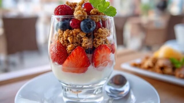 This visually appealing close-up captures a delightful and healthy breakfast parfait served in a clear glass, featuring enticing layers of creamy white yogurt, vibrant red strawberries, plump blue blu
