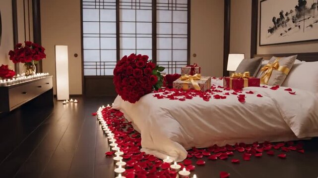 An exquisitely arranged bedroom setting designed for a romantic celebration, featuring a grand bouquet of vibrant red roses and scattered rose petals covering the pristine white bedding and dark polis