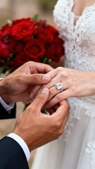 An intimate close-up captures a profound moment of commitment, as a hand gently places a sparkling, radiant diamond engagement ring onto another's finger. The prominent, elegant rectangular-cut diamon