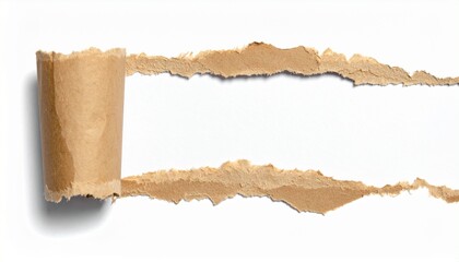 Torn Brown Kraft Paper Revealing White Background with Rolled Edge