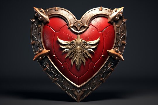Opulent red heart shaped shield showcasing ornate gold and bronze detailing with spikes on a dark background