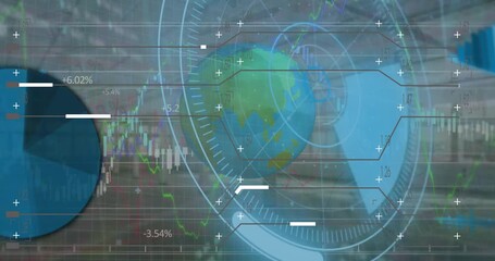 Animation of scope scanning over globe, financial data processing and warehouse - Powered by Adobe