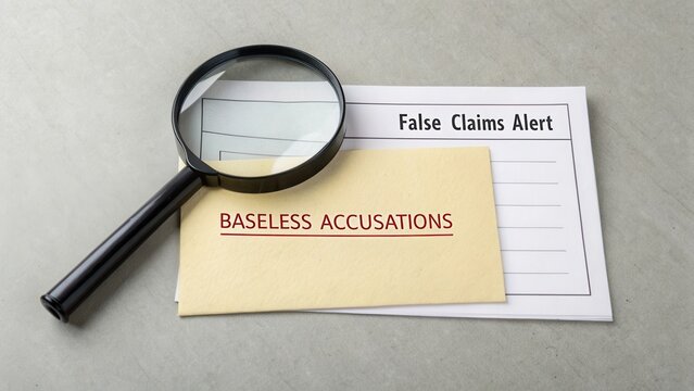Magnifying Glass on Letter Stating Baseless Accusations with False Claims Alert on Gray Background