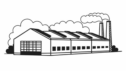 Industrial facility with smokestacks emitting smoke against a clear background viewed from the front