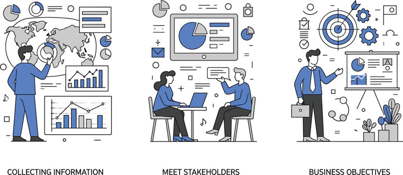 Business analysis workflow illustration showing information collection stakeholder meeting and strategic objectives vector design