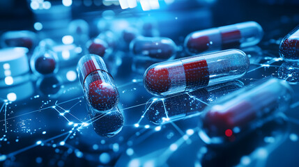 Advanced Biotech Research: Pharmaceutical Glass Vials on a Digital Network Interface in a Science Laboratory