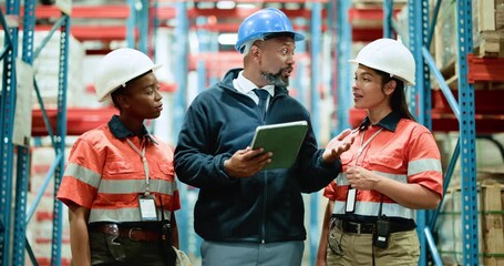 Business people, tablet or team with inspector in warehouse for inventory, supply chain or storage. Group, employees or manager with technology for shipping stock, distribution or logistics in depot - Powered by Adobe