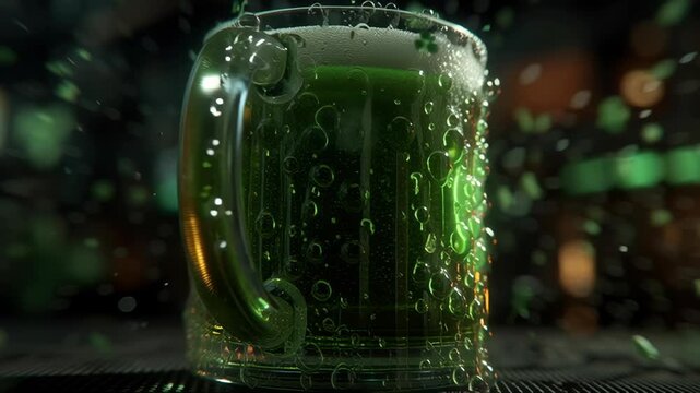 Saint patrick day in the future. Green beer with a shamrock design.