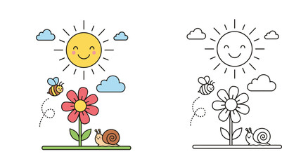 Cute nature scene with smiling sun, flying bee, flower, and snail vector illustration set showing colored version and black and white outline for coloring book page for kids. © SHOHAG