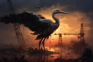 Obraz premium Giant heron standing amidst derelict cranes and water in a desolate, ruined industrial landscape