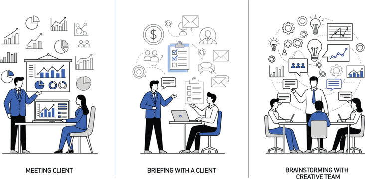 Business teamwork process illustration showing client meeting briefing and creative brainstorming workflow vector design