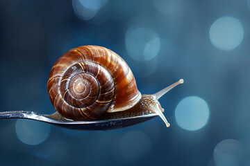 Close-up macro of glossy brown snail shell on metallic spoon for nature design