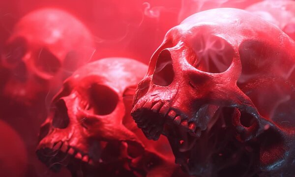 Video capturing a dramatic scene with multiple red skulls arranged in a pattern for a haunting effect