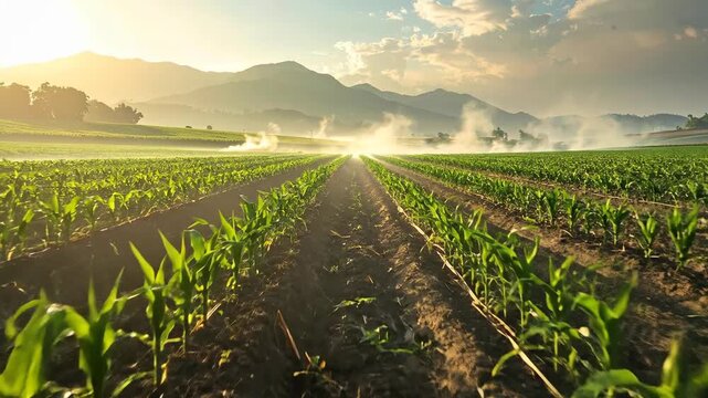 Lush green cornfield stretches towards distant mountains under a bright, hazy sky.