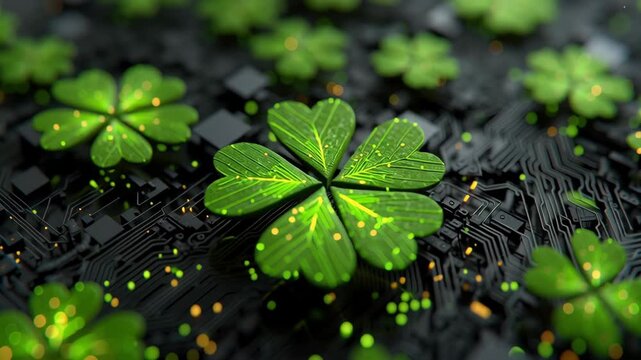 Saint patrick day in the future. Digital clovers on circuit board.