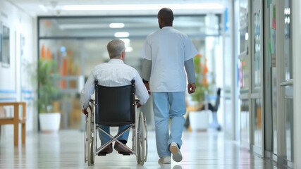 Nurse walking with an elderly patient in a wheelchair along a hospital corridor, showing professional care, support, and healthcare assistance
