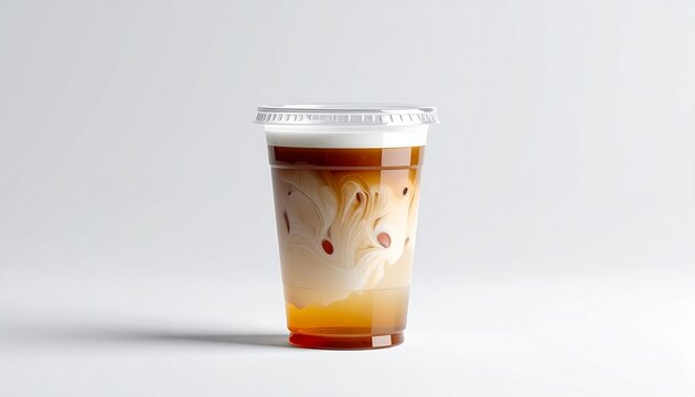 Iced Coffee Latte in Transparent Plastic Cup Isolated on White Background for Branding, Beverage Advertising, Menu Design, and Product Mockup Use