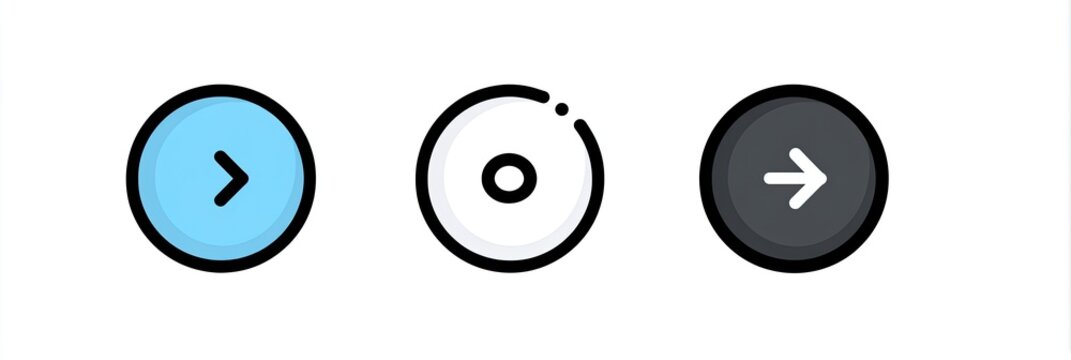 Three stylized navigation icons forward, circle, right-arrow