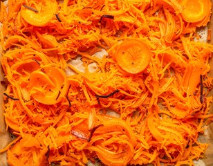 Overhead shot displays vibrant roasted orange vegetable components of various shapes, spread on parchment paper