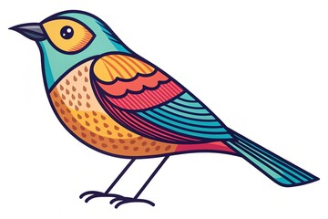 Colorful stylized bird illustration, isolated on white background, vibrant plumage, whimsical cartoon style, perfect for childrens designs
