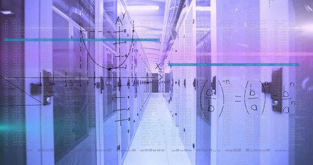 Animation of mathematical equations and data processing over server room - Powered by Adobe