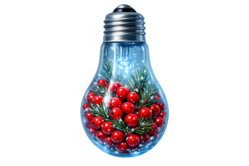 Light bulb containing christmas winter berries, pine needles, and snow on a transparent background
