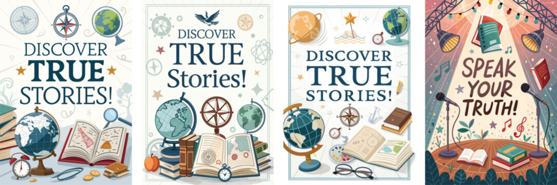 Creative poster designs for a book fair celebrating poetry slams and true stories