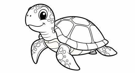 Cute turtle illustration with friendly smile and detailed shell pattern. Adorable sea creature drawing shows distinct flippers and spotted body, ideal for children books or educational content.