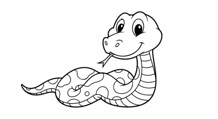 Fototapeta premium Smiling cartoon snake with tongue out, featuring simple spotted body pattern. Simple cartoon snake illustration provides outline for young children to color, perfect educational activity.