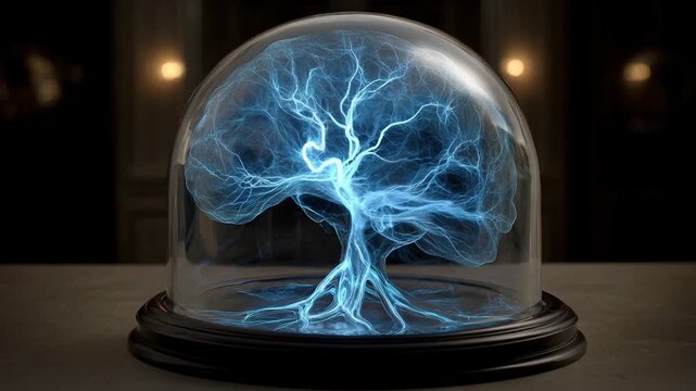 Brain CT showing active prefrontal cortex concept. A glowing blue neural network visualization under a glass dome.
