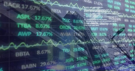 Animation of financial data and graphs over cityscape - Powered by Adobe