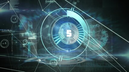 Animation of countdown over round scanner against medical data processing on blue background - Powered by Adobe