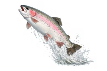 Rainbow trout leaping from water with splashes on a transparent background, depicting fishing and sport concepts
