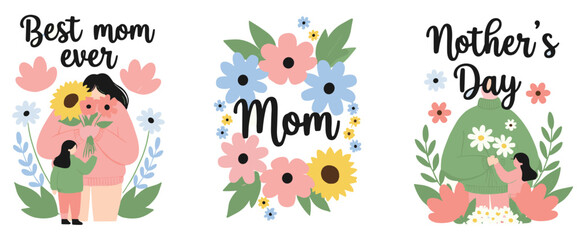 Happy Mothers Day illustration set with mom and child floral elements cute greeting vector design