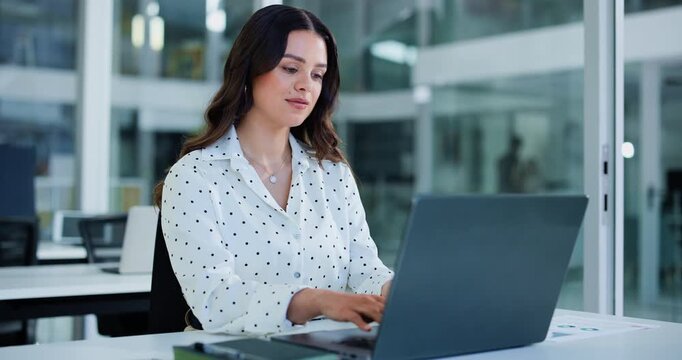 Laptop, reading or businesswoman with typing in office, investment proposal or check budget report. Forecasting project, market research or financial advisor editing for saving plan, workplace or pc