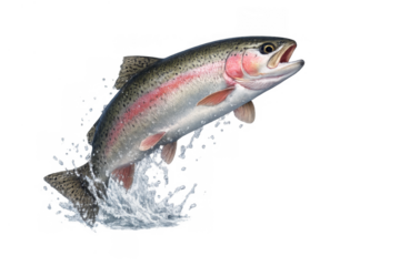 Rainbow trout fish leaping from water splashing, showing movement and aquatic life on transparent background