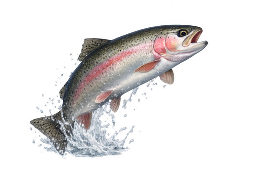 Rainbow trout fish leaping from water splashing, showing movement and aquatic life on transparent background