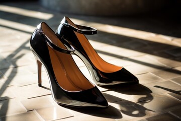 Black patent leather high heels with ankle straps reflecting late afternoon sunlight on a tiled floor