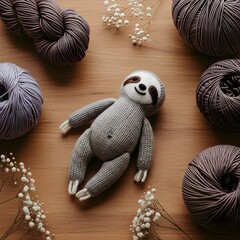 Obraz premium Adorable sloth toy surrounded by yarn balls on wooden surface
