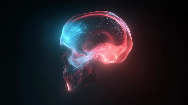 Brain CT showing active prefrontal cortex concept. A vibrant visualization of a skull with flowing light patterns illustrating brain activity.