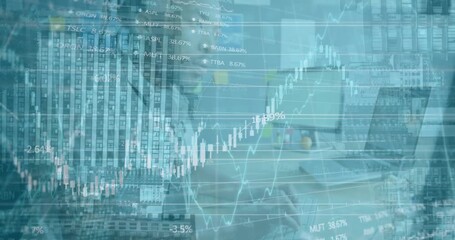 Animation of financial data processing over african american businessman using computer at office - Powered by Adobe