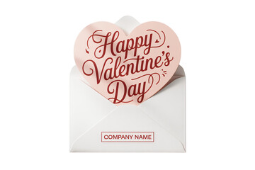 Valentines Day card with heart-shaped greeting in red cursive on white envelope with company name placeholder in romantic love letter style