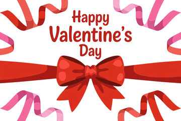 Valentines Day Greeting Card with Red Bow and Ribbons in Festive Decorative Style for Holiday Greeting