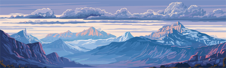 Stylized vector illustration of layered snow-capped mountains under a cloudy sky with misty atmosphere and dramatic natural lighting.