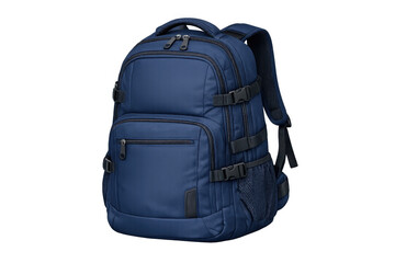 Fototapeta premium Blue travel backpack representing adventure, education, and exploration, with multiple compartments on transparent background